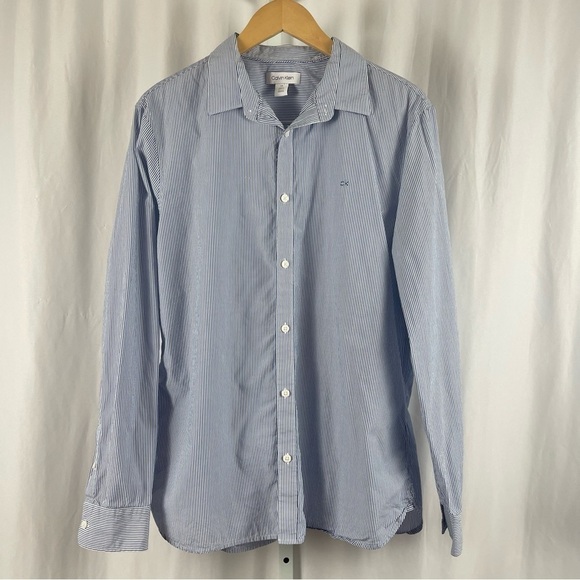 Calvin Klein Large Pinstripe Collared Button Up Shirt Preppy - Picture 1 of 8